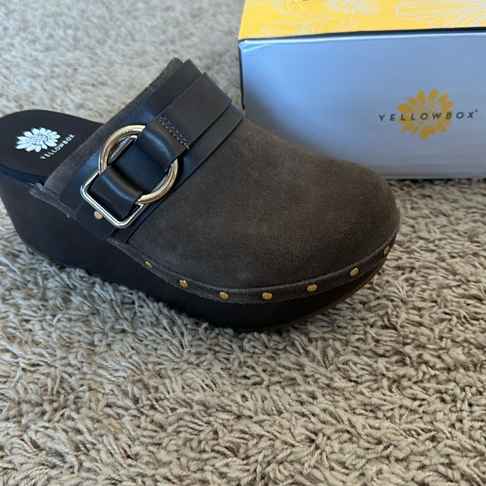 Yellow Box Brown Suede Mules with Gold Accents